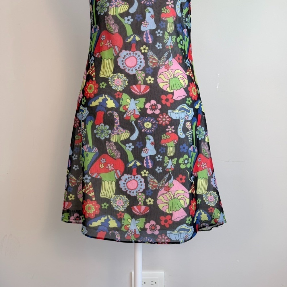Wowo Mesh Overlay Mushroom Floral Print Slip Mini Dress XL Whimsigoth Fairy Y2K - Picture 6 of 9